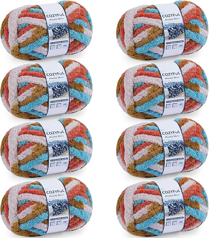 Chunky Yarn for Hand Knitting - #10 Chunky Chenille Blanket Yarn, Jumbo Big Thick Chunky Yarns for Crocheting, Tie Dye Bulky Knit Yarns, 8 Skein (25 yds 8 oz Each Skein), Orange&Mustard&Beige