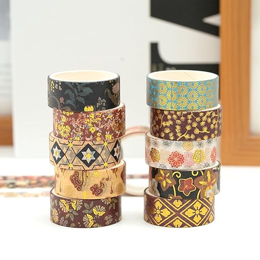 10 Rolls Sakura Washi Tape Set Japanese Arts Adhesive Tapes Gold Silver Foil Decorative Masking Tape Sets for Craft, Kids, Scrapbook, DIY, Gift Wrapping (Cherry Blooms)