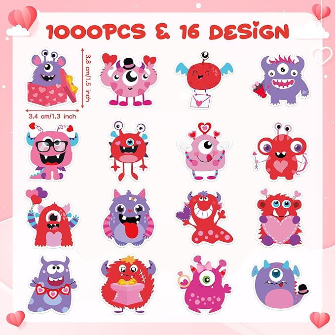 beyumi valentine red monster sticker - 1000pcs valentine's day cute monster stickers in 2 rolls adhesive decorative sticker valentine waterproof decal greeting card envelope party gift decor