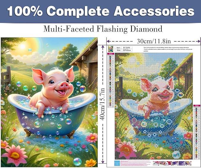 ijbnhd 5D Pig Diamond Art Kits for Adults, Pig Diamond Painting Kits for Adults, DIY Full Drill Gem Art Crystal Rhinestone for Wall Home Decor 12X16inch