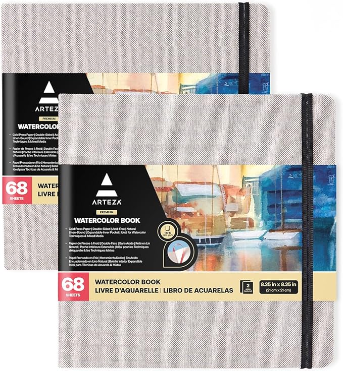 ARTEZA Watercolor Sketchbooks, Pack of 2, 8.25 x 8.25 Inches, 68 Sheets Each, 110 lb / 230 GSM, Cold Press, Dual-Sided, Acid-Free Linen-Bound Hardcover Books for Watercolor and Mixed Media