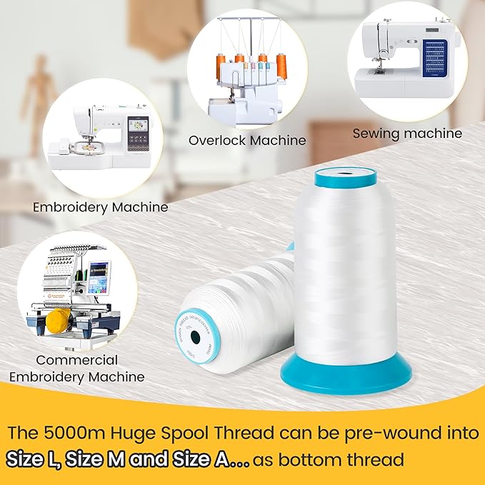 New brothread Set of 2 White Bobbin Thread/Bottom Thread 60WT Huge Spool 5000M (5500Y) for Embroidery and Sewing Machines