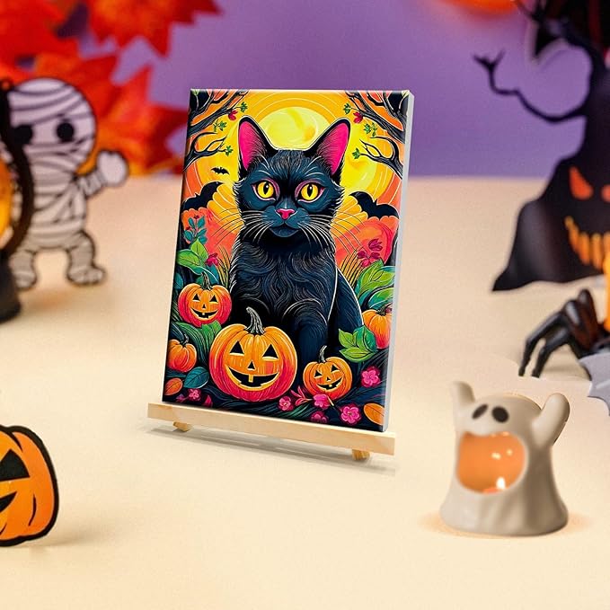 JOOZ Paint by Numbers Kit for Adults with Frame Halloween Paint by Number with Easel Black Cat Adult Paint by Number Kits Framed Canvas DIY Oil Painting Kits for Ideal Gift Home Wall Decor 8x12 Inch