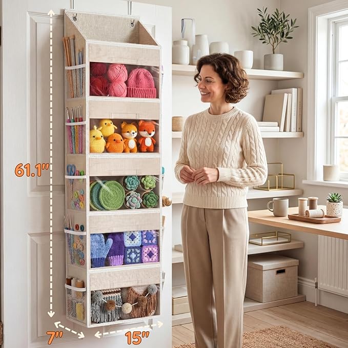 Ofiray-home Hanging Yarn Storage Organizer with 5 Drawers, Over the Door Large Capacity Knitting Organizer Storage&10 Mesh Side Pockets, Hanging Yarn Holder for Knitting Needles, Crochet Hooks- Beige