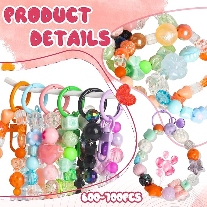 RYKOMO 600-700PCS Acrylic Beads for Bracelet Making Kit, with Bell, String, Key Rings, Clips in 6 Colors Kawaii Aesthetic Cute Beads for Jewelry Making, Keychains, Phone Charms, DIY Crafts