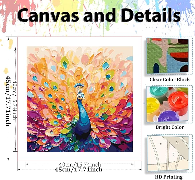 hkejoi Peacock Paint by Number for Adults, Peacock Paint by Numbers Kit for Adults Beginners, Painting by Number DIY Crafts Acrylic for Gift Home Decor 16x16 in