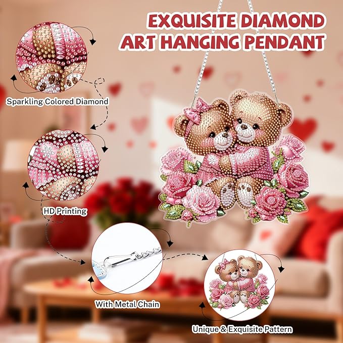 Bowetile Valentine's Day Diamond Art Hanging Kits for Adults, Diamond Art Suncatchers Couple Bear, 5D Special Shape Diamond Painting Flowers Pendant Window Ornament Gifts for Home Door Wall Decor