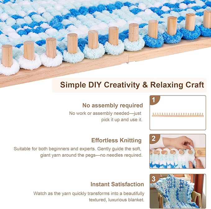 39'' Chunky Blanket Loom, Installation Free Knitting Loom for Beginners, Foldable Hand Knitting Yarn Chunky Blanket Kit for DIY Throw Blankets, Wooden Weaving Loom Craft Tools