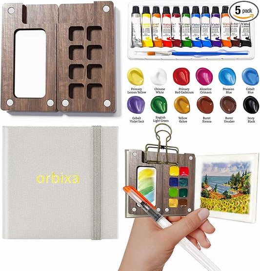 orbixa Mini Watercolor Palette Paint Set Travel Size - 12 Color Paint with 8-Wooden Grid Palette,Mini Sketchbook & Brushes | Portable Artist Supplies Kit for Students, Beginners, Outdoors Use (gray)