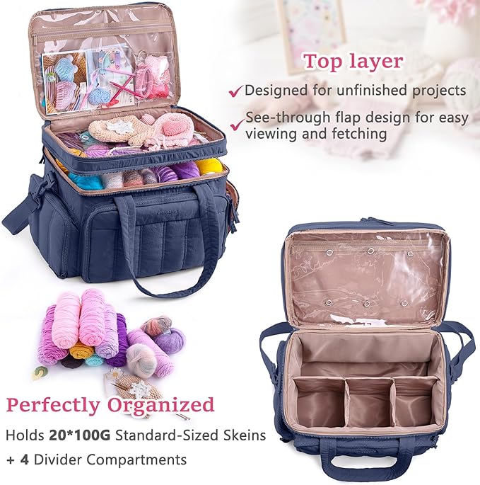 MYBAGZING Large Knitting & Crochet Bag Organizer for Yarn Storage, Double-Layer Knitting Project Bag with 6 Grommets, Yarn Organizer Tote for Knitting Supplies Crochet Hooks & Accessories Gift for Mom
