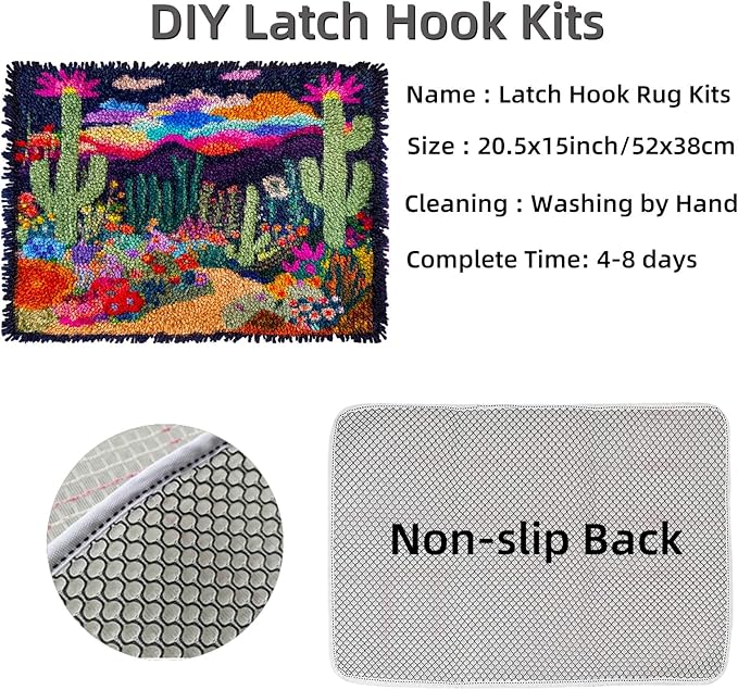 DIY Latch Hook Rug Kits Colorful Desert Landscape Cactus and Wildflowers Stamped Non-Slip Mat Crochet Yarn Hook and Latch Emboridery Tapestry for Home Floor Decor and Pet Warm Cushion 52x38cm(1)