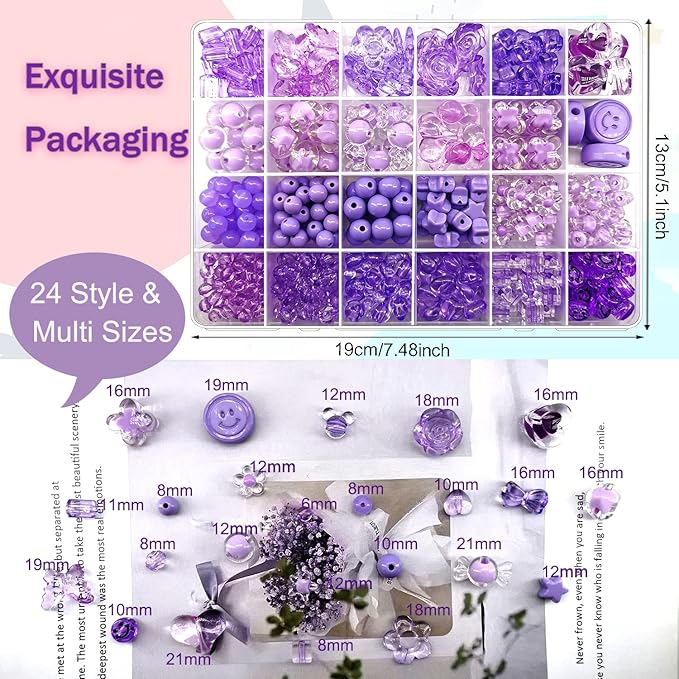 450Pcs Purple Series Acrylic Assorted Beads Flower Heart Star Smile Butterfly Mickey Candy Pastel Beads Plastic Cute Round Bead Bulk for Bracelets Jewelry Making Necklaces DIY Crafts