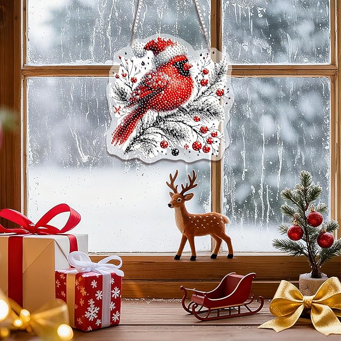 EMIEAUFG Christmas Diamond Art Hanging Kit for Adult, Winter Cardinal Diamond Art Pendants, Double Sided Acrylic & 5D Special Shaped Rhinestone, Christmas DIY Ornament for Windows Home Garden