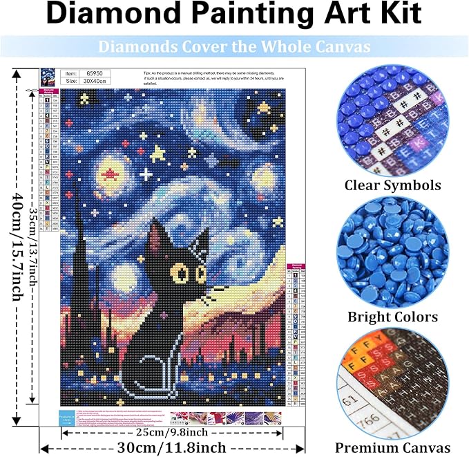 Reivworl Cat Diamond Art Kits for Adults, Cat Diamond Painting Kits, Gem Art Kit for Gifts and Home Interior Decor 12x16 Inch