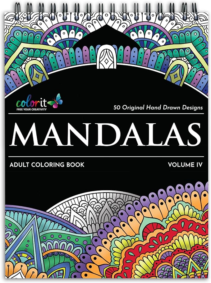 ColorIt Mandalas Volume IV Spiral Bound Adult Coloring Book with 50 Mandala Patterns for Relaxation and Stress Relief - Includes Perforated Pages, Thick Paper, Hardback Covers, and Blotter Page