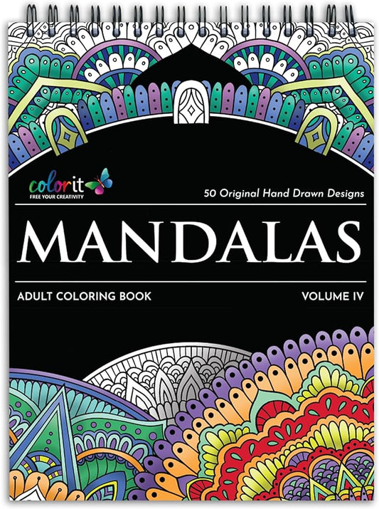 ColorIt Mandalas Volume IV Spiral Bound Adult Coloring Book with 50 Mandala Patterns for Relaxation and Stress Relief - Includes Perforated Pages, Thick Paper, Hardback Covers, and Blotter Page