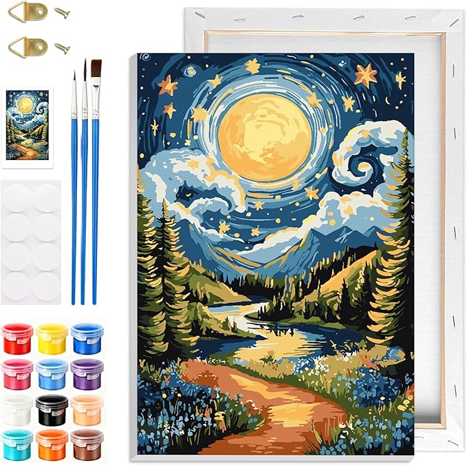 GHHKUD Landscape Paint by Numbers with Frame for Adults Beginners, DIY Moon Paint by Numbers for Age 6-12, Art on Canvas Gifts Home Wall Decor 8x12in