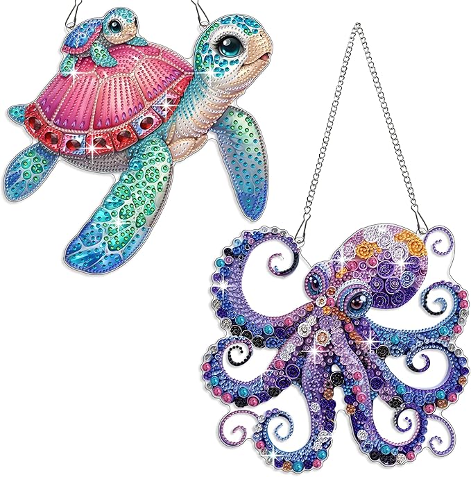 Muzagroo Art Diamond Art Kits for Adults, 5D Diamond Painting Kits for Beginners, DIY Special Shaped Diamonds Art Hanging Ornament for Windows 2 PCS Animals Diamond Pendant (Octopus)