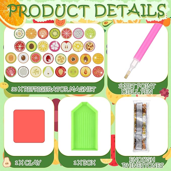 Motipuns 30 Pcs Fruit Magnetic Diamond Art Colorful Diamond Painting Magnets Kits Adult DIY Art Fridge Magnet Refrigerator Sticker for Beginners Gifts Home Car Garage Decors