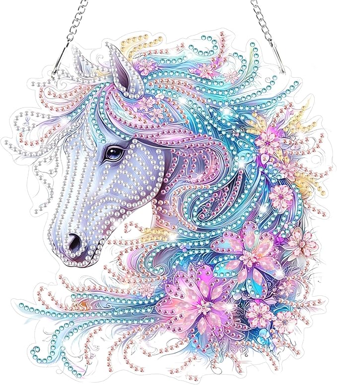 Bowetile Horse Diamond Art Hanging Kits for Adults, 5D Special Shape Diamond Painting Flowers Pendant Kits, Animal Gem Art Suncatchers Painting Window Ornament for Home Garden Wall Decor