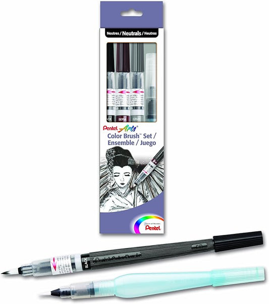Pentel Arts Color Water Brush Box Set, Black/Gray/Sepia/Aquash (GFLFRHBP)