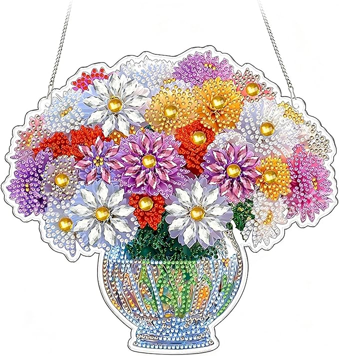 IASINN Colorful Daisies Flowers Diamond Painting Pendant 5D Diamond Art Painting Kits for Adults Beginners, Special Shape Crystal Diamond Crafts Ornament Hanging Sign for Home Wall Window