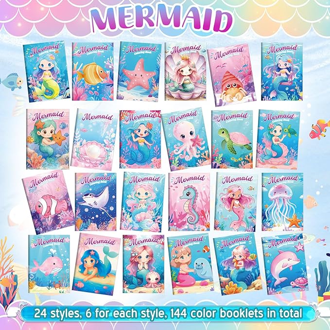Liliful 144 Pcs Mermaid Coloring Book Bulk Mini Mermaid Theme Drawing Book with Sea Creature Shell Patterns Ocean Party Favors Goodie Bag Filler and Holiday Gifts