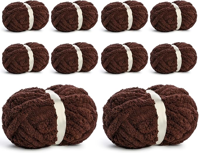 10 Pack Jumbo Chenille Yarn for Crocheting, #10 Super Bulky Baby Soft Yarn for Hand Knitting, 220 yds /70.5 oz Fluffy Chunky Knit Throw Blanket Yarn (Coffee)