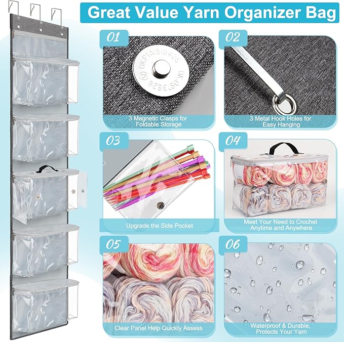 Coopay Yarn Storage Hanging Knitting Bag with 6 Compartments, Large Yarn Organizers and Storage with 3 Adjustable Hooks, Clear Hanging Knitting Organizer for Crochet Hooks, Knitting Needles