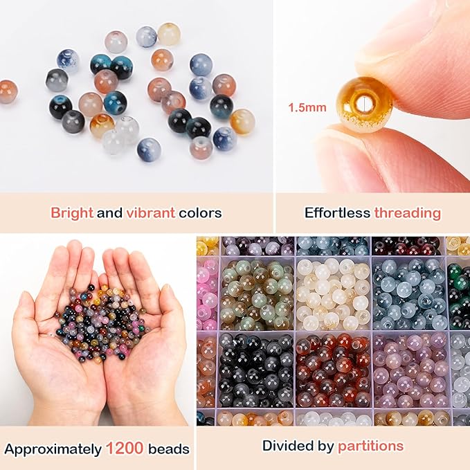 XSEINO About 1200+ pcs 6mm Glass Beads Bracelet Making Kit, 24 Assorted Black and White Bi-Color Fusion Series Crystal Beads for Jewelry Making, DIY Crafts, Friendship Bracelets