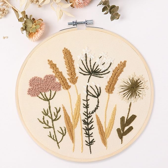 reewisly embroidery kit for beginners 4 sets, hand diy cross stitch kits,2 pcs embroidery hoop,4 pcs plants flowers embroidery patterns and threads,easy for the embroidery beginners to learn…