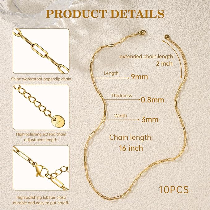 GTVOODX 10 Pack Bulk Necklace Chains for Women 16 Inch 18k Pvd Gold Paperclip Stainless Steel Charm Chain for DIY Jewelry Making