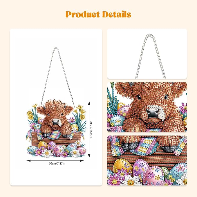 RICUVED Easter Diamond Art Hanging Kit for Adult, Cow Special Shaped Diamond Painting Pendant Board Kit, Eggs 5D Art Suncatchers Double Sided Hanging Window Ornament for Home Garden Decor