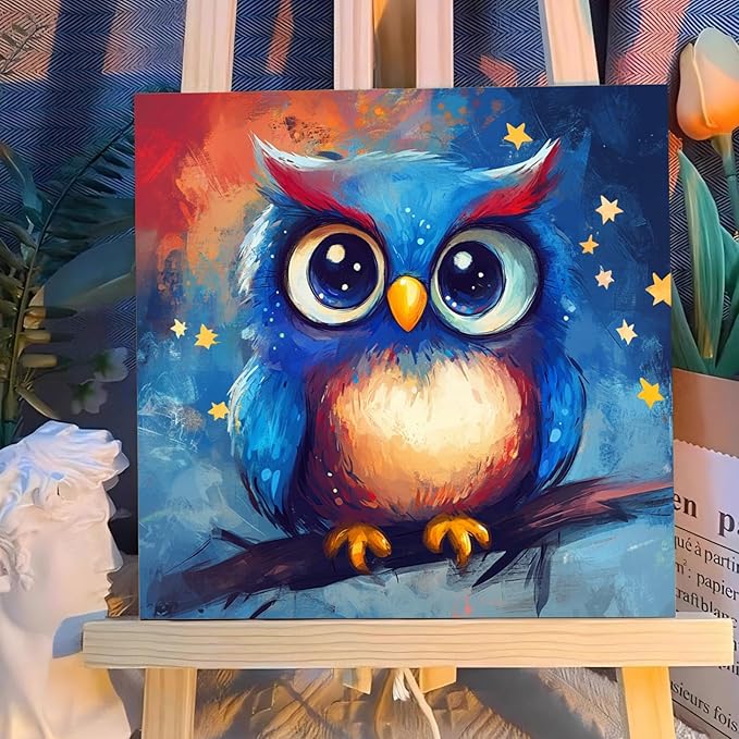 Reivworl Paint by Numbers Kit for Kids with Frame and Easel, Owl Paint by Number for Kids Age 6-8-12, Acrylic Paint by Numbers for Gifts and Home Decor (8X8inch)