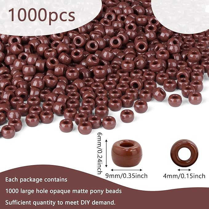 1000Pcs 9mm Brown Plastic Pony Beads for Friendship Bracelets, Hair Beads, Crafts