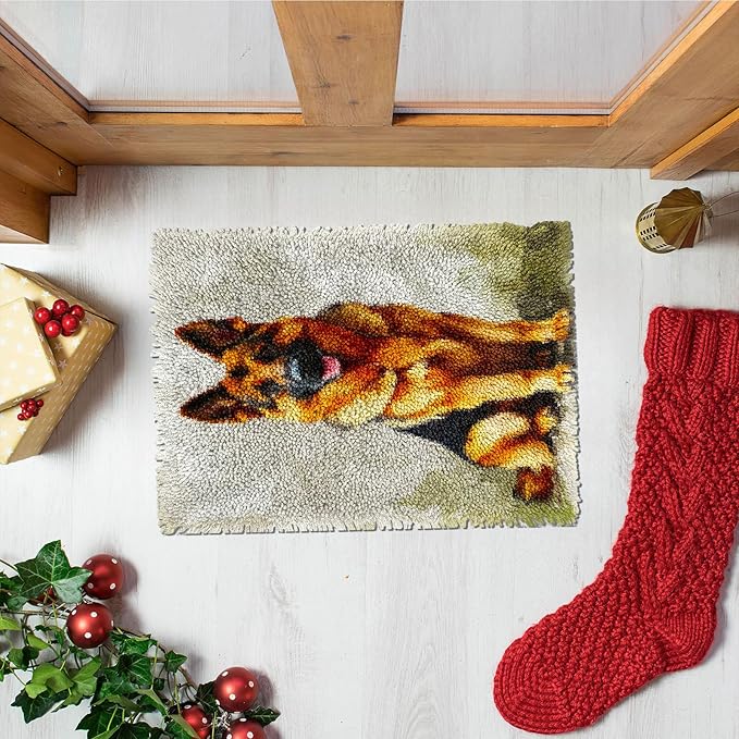 Latch Hook Rug Kit Cute German Shepherd Dog Pre-Printed Handmade Carpet Crochet Yarn Craft DIY Hook and Latch Door Mat Tapestry for Home Floor Decoration 52x38cm-1