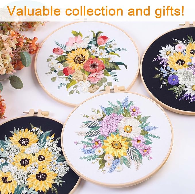 REEWISLY 4set Beginner Embroidery Kit for Adults, 4 Floral Patterns with 2 Hoops, Embroidery Starter Kit with Needles & Floss, Cross Stitch Kits for Beginners, DIY Craft Kit for Handmade Enthusiasts
