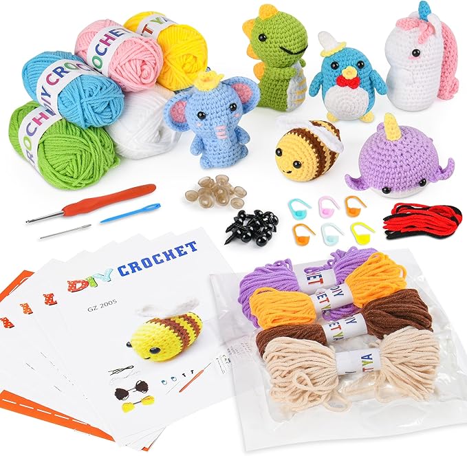 MINGOMINGO Crochet Kit for Beginners - 6 Pack Animals Amigurumi, DIY Craft for Adults and Lover, Gift for Crochet Lovers,Christmas Gifts, with Step-by-Step Video Tutorials (40%+ Yarn)