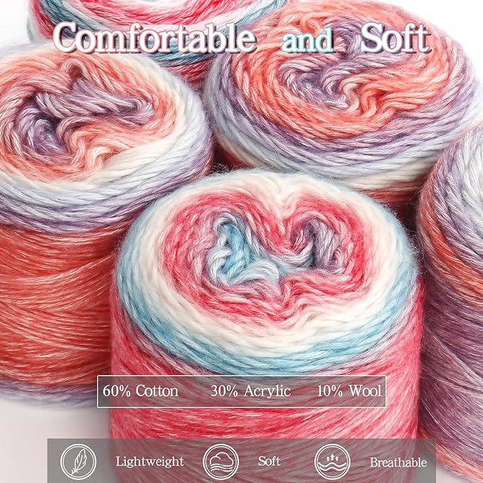 Katech Ombré Yarn for Crocheting-Gradient Cake Yarn-4x100g 60% Cotton 30% Acrylic 11% Wool-Multicolor Soft Rainbow Cotton Crochet Yarn for Scarves, Shawls, Blankets and Garments(M)