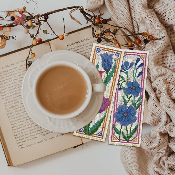 ORIGACH 6 Pcs Flower Cross Stitch Bookmark Kit for Beginner with Backing Felt Floss Instruction Sunflowers Tulip DIY Stamped Embroidery Bookmark Kit for Starter Adults Book Lovers