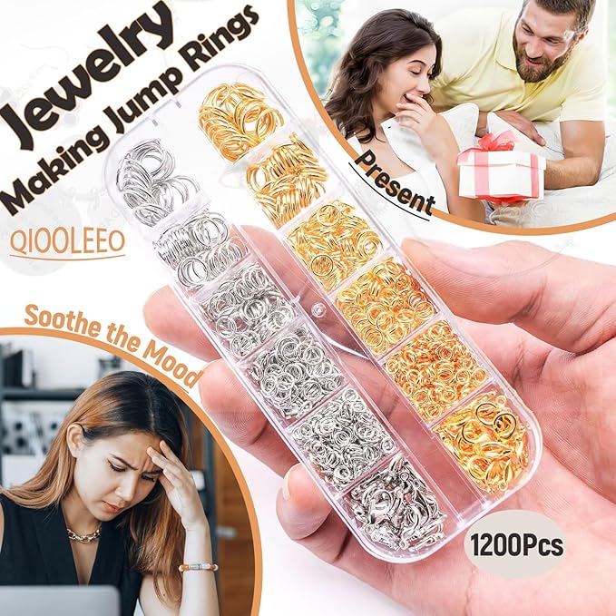 5 Sizes(1200pcs) Open Jump Rings for Jewelry Making, Gold & Silver Non-Tarnish O Ring Connectors, DIY Necklace Repair, Bracelets, Earrings, Pendants, Keychains, Lobster Clasps, Charms