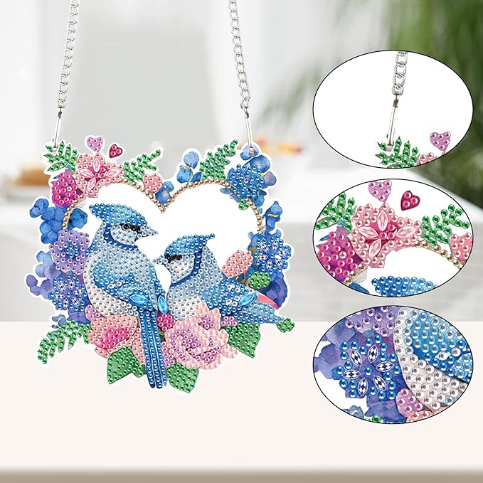 AiYuanzsh Diamond Art Painting Ornament Flowers and Birds Blue Hanging Sign Set Diamond Art Hanging Wall Art DIY 5D Crystal Rhinestone Pendant Kits for Wall Door Window Decorations