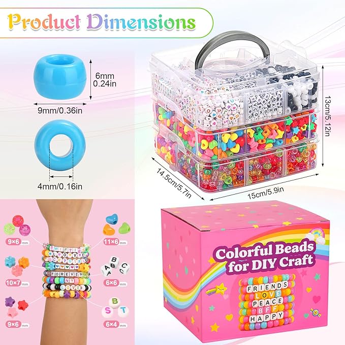 shynek 3800 Pony Beads: Bulk for Bracelets, Hair Braids & Craft - Colorful Plastic, Kandi, Star & Letter Beads for Jewelry Making