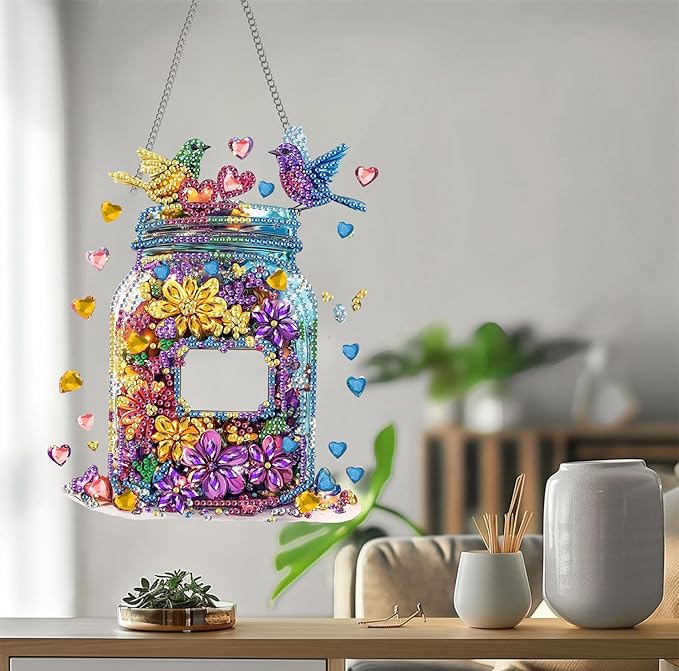 Bimkole Bottle Diamond Art Hanging Kit for Adult, DIY 5D Flowers Diamond Art Painting Window Pendant, Acrylic Crystal Art Hanging Ornament for Wall Home Garden Front Door Decor - 7.8x7.8 Inch