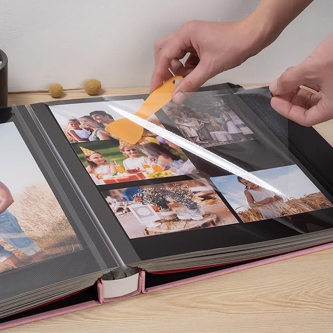 Large Photo Album Self Adhesive 4x6 5x7 3x5 8x10 Scrapbook Magnetic Album DIY Scrap Book Length 13 x Width 12.8 (Inches) 120 Black Sticky Pages Linen Cover DIY Photo Album(Pink)