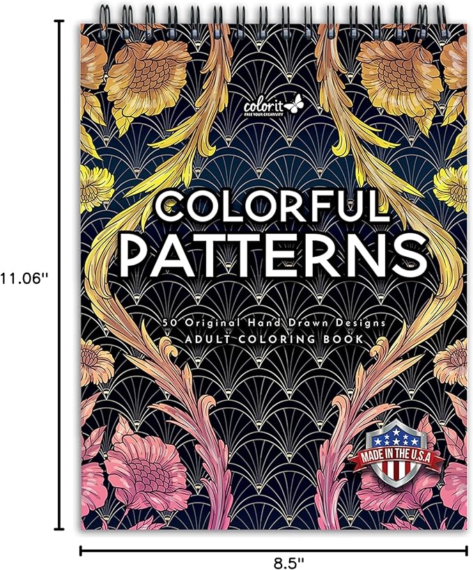 ColorIt Colorful Spiral-Bound Adult Coloring Book with 50 Original Designs - Perforated Lay-Flat Hardback Cover & Ink Blotter Paper for Arts and Crafts - Adult Coloring Book