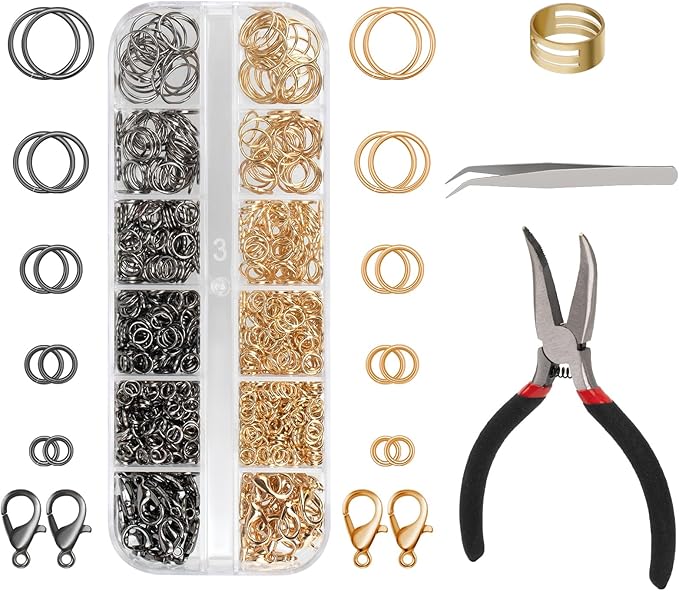 1200 Pcs Jump Rings, Jewelry Making Kit with Open/Close Tools, Pliers, Tweezers, Lobster Clasps, DIY Necklace Repair and Keychain Supplies (KC Gold & Gun Black)