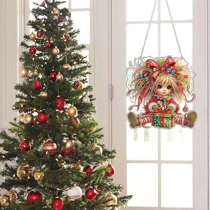 KEYIFA Christmas Diamond Painting Kit, DIY Cute Diamond Art for Adults, Diamonds Painting Pendant Special Shaped Rhinestone Window Hanging Ornaments Home Garden Wall Door Decoration, 20cm Width