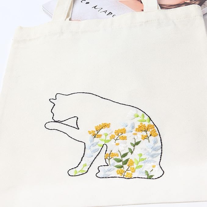 beginner canvas tote bag embroidery kit,white kitten pattern,cross stitch kits, including stamped embroidery bag with 1 embroidery hoops,needle, instructionmanual and color threads