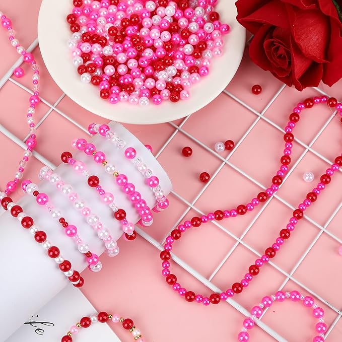 UPINS 1200Pcs Valentine's Day Pearl Beads,4 mm Red Pink White Pearl Beads for Jewelry Making Wedding Party Decoration Necklace Bracelets Earrings DIY Crafts Supplies